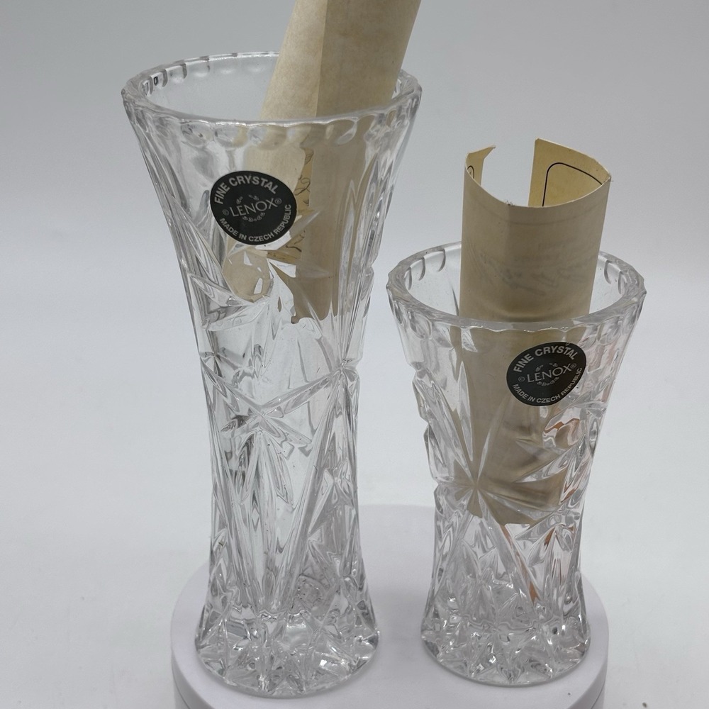 NWT LENOX Fine Crystal Star Flared Rim 6" & 4" Tall Bud Vase Set  Czech Republic